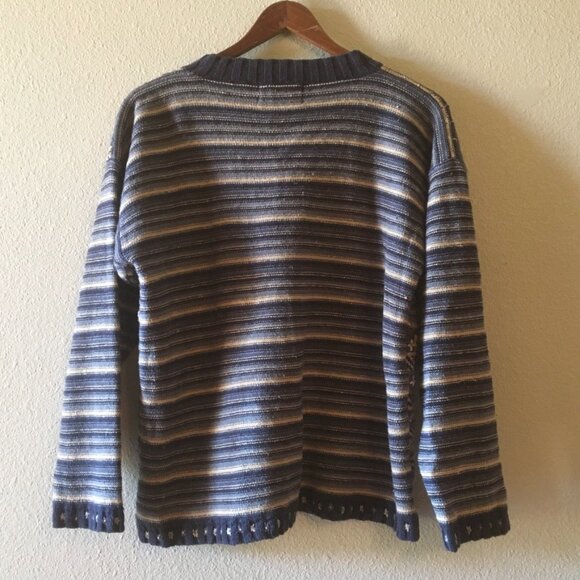 VTG Northern Isles Hand Embroidered Knit Sweater Stripes Patchwork Pocket XL - Picture 5 of 7